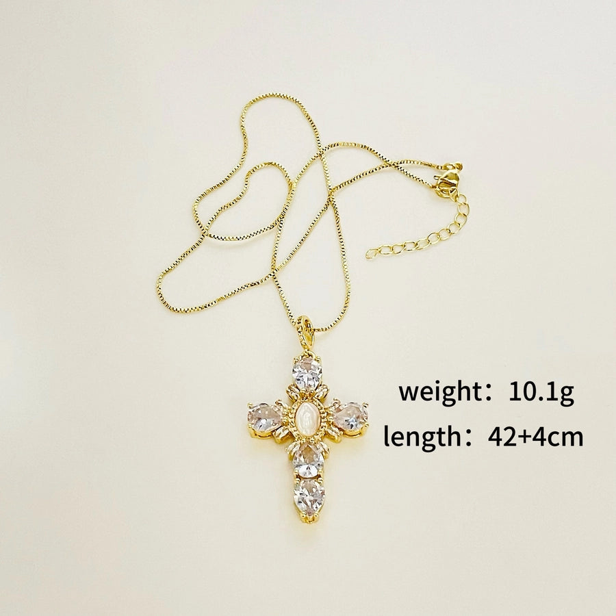 Jewelry Copper Strips 18K Gold Plated Pearlescent Necklace Unlimited Full Diamond Cross Necklace for Women