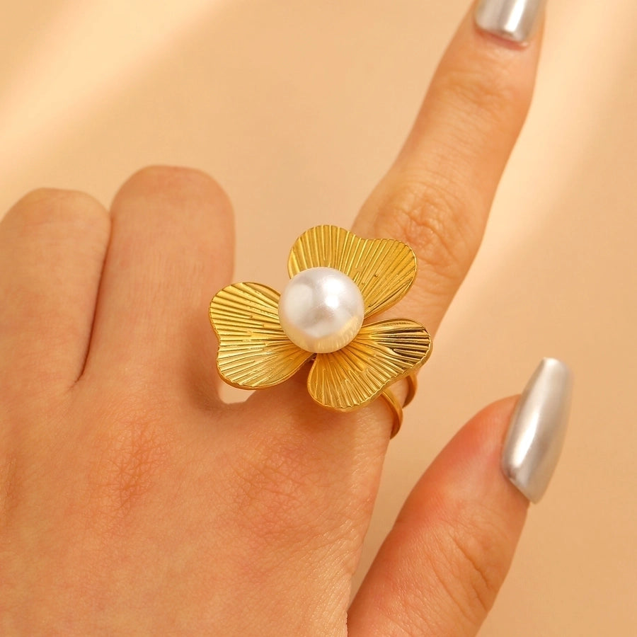 Jewelry IG Style Exaggerated Geometric Flower 304 Stainless Steel Gem Turquoise Pearl 18K Gold Plated Inlay Open Rings