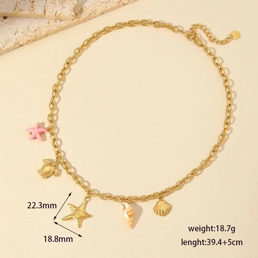 Jewelry Sweet Star Heart Shape Shell 304 Stainless Steel Imitation Pearl 18K Gold Plated Enamel Plating Inlay Pendant Necklace Multi Charms Necklace