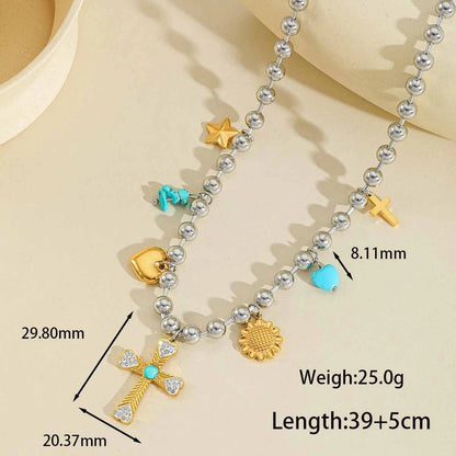 Jewelry Elegant Cute Artistic Cross Heart Shape Eye 304 Stainless Steel Acrylic Imitation Pearl Zircon 18K Gold Plated Plating Inlay Multi Charms Necklace Beaded Chain