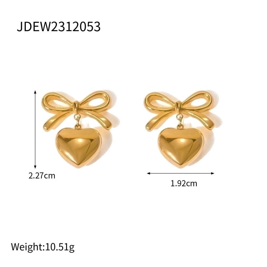 1 Pair Simple Style Heart Shape Bow Knot Plating 304 Stainless Steel 18K Gold Plated Drop Earrings