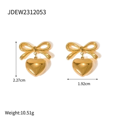 1 Pair Simple Style Heart Shape Bow Knot Plating 304 Stainless Steel 18K Gold Plated Drop Earrings