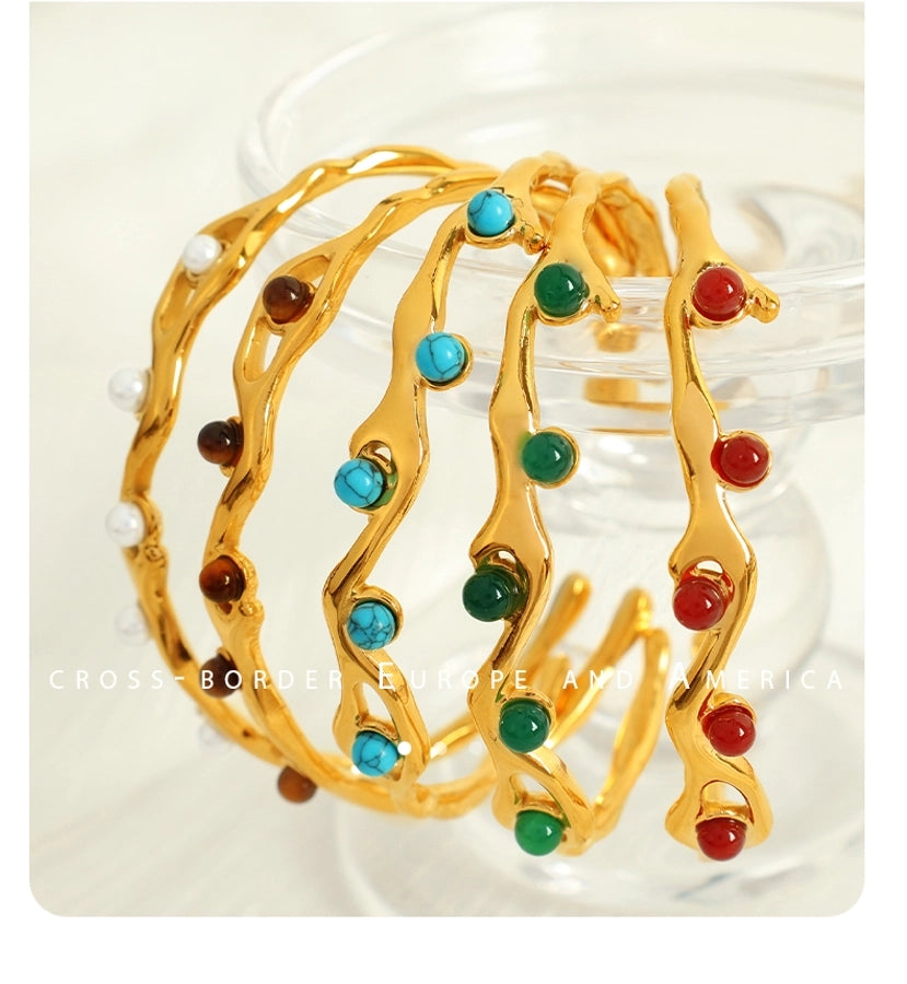 Simple Style Branches 304 Stainless Steel Tiger Eye 18K Gold Plated Artificial Pearls Turquoise Agate Bangle In Bulk