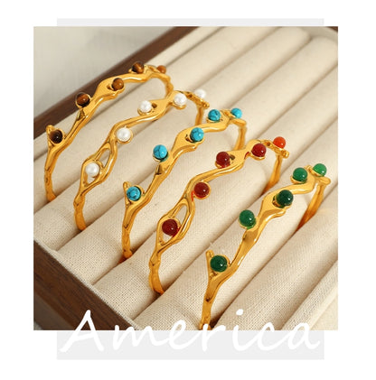 Simple Style Branches 304 Stainless Steel Tiger Eye 18K Gold Plated Artificial Pearls Turquoise Agate Bangle In Bulk