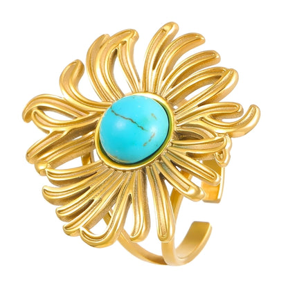 Jewelry IG Style Exaggerated Geometric Flower 304 Stainless Steel Gem Turquoise Pearl 18K Gold Plated Inlay Open Rings