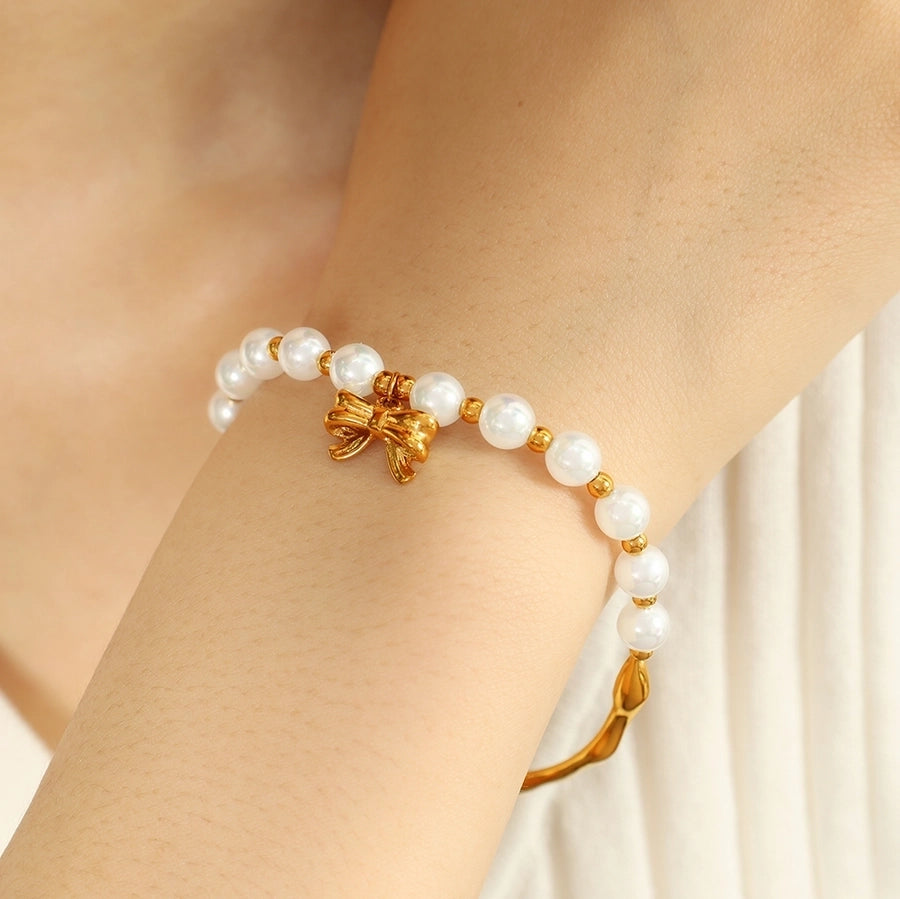 Elegant Baroque Style IG Style Bow Knot 18K Gold Plated 304 Stainless Steel Imitation Pearl  Bracelets