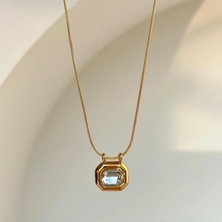 retro geometric titanium steel plating inlay zircon 18k gold plated pendant necklace