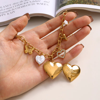 Jewelry Simple Style Classic Style Heart Shape Flower Butterfly 304 Stainless Steel Zircon Pearl Hollow Out Inlay Multi Charms Necklace