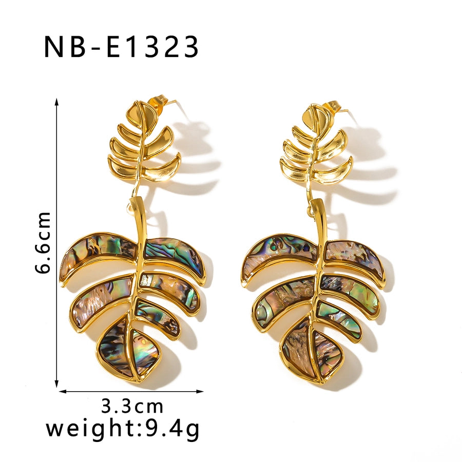 1 Pair IG Style Vacation Beach Leaves Patchwork Inlay 304 Stainless Steel Shell 18K Gold Plated Drop Earrings