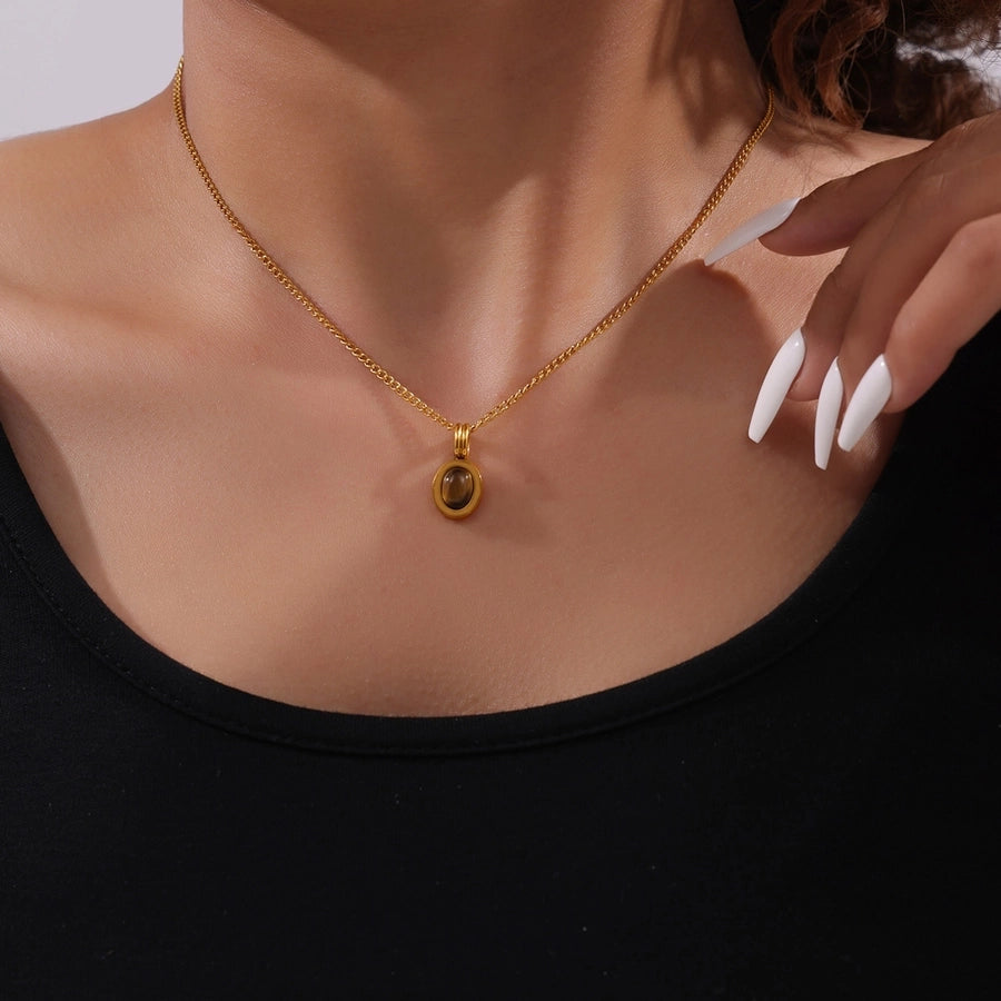 Retro Simple Style Round 304 Stainless Steel natural stone Tiger Eye 18K Gold Plated Tiger Eye Pendant Necklace Necklace In Bulk