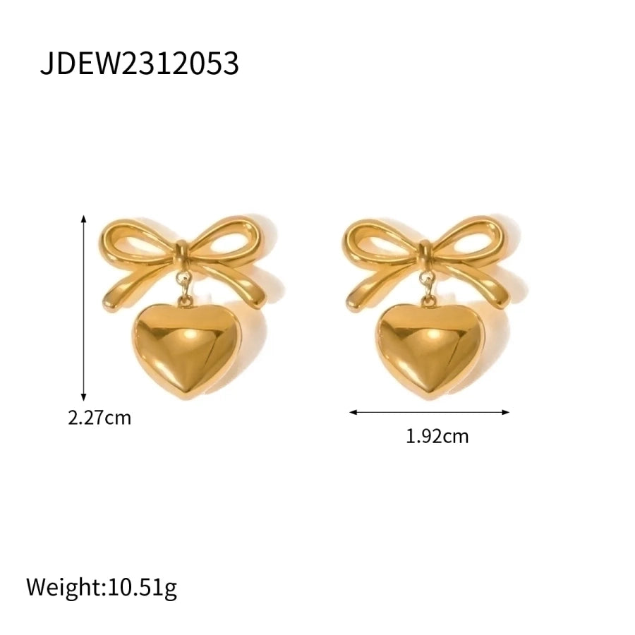 1 Pair Simple Style Heart Shape Bow Knot Plating 304 Stainless Steel 18K Gold Plated Drop Earrings