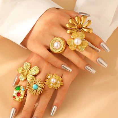 Jewelry IG Style Exaggerated Geometric Flower 304 Stainless Steel Gem Turquoise Pearl 18K Gold Plated Inlay Open Rings