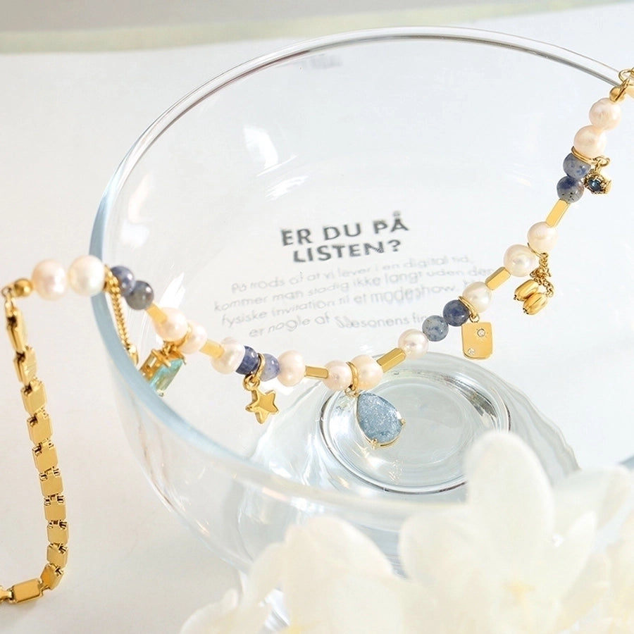 Jewelry Elegant Star Water Droplets Freshwater Pearl Titanium Steel Brass Natural Stone Glass Stone 18K Gold Plated Inlay Necklace