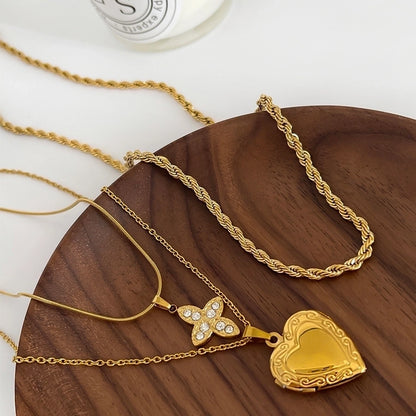 Jewelry Luxurious Simple Style Heart Shape 316L Stainless Steel  Rhinestones 18K Gold Plated Plating Inlay Pendant Necklace