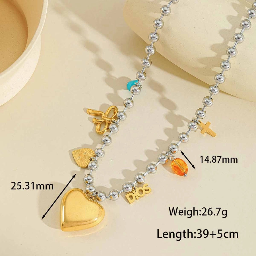 Jewelry Elegant Cute Artistic Cross Heart Shape Eye 304 Stainless Steel Acrylic Imitation Pearl Zircon 18K Gold Plated Plating Inlay Multi Charms Necklace Beaded Chain