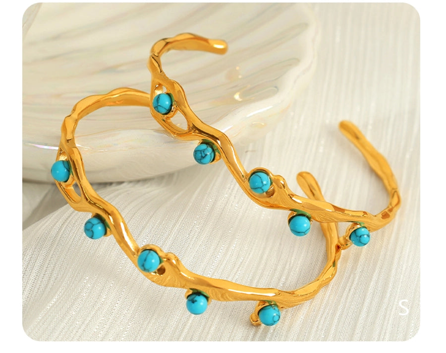 Simple Style Branches 304 Stainless Steel Tiger Eye 18K Gold Plated Artificial Pearls Turquoise Agate Bangle In Bulk