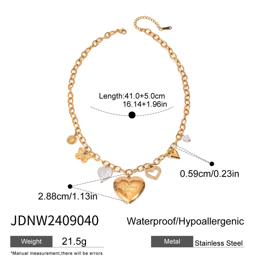 Jewelry Simple Style Classic Style Heart Shape Flower Butterfly 304 Stainless Steel Zircon Pearl Hollow Out Inlay Multi Charms Necklace