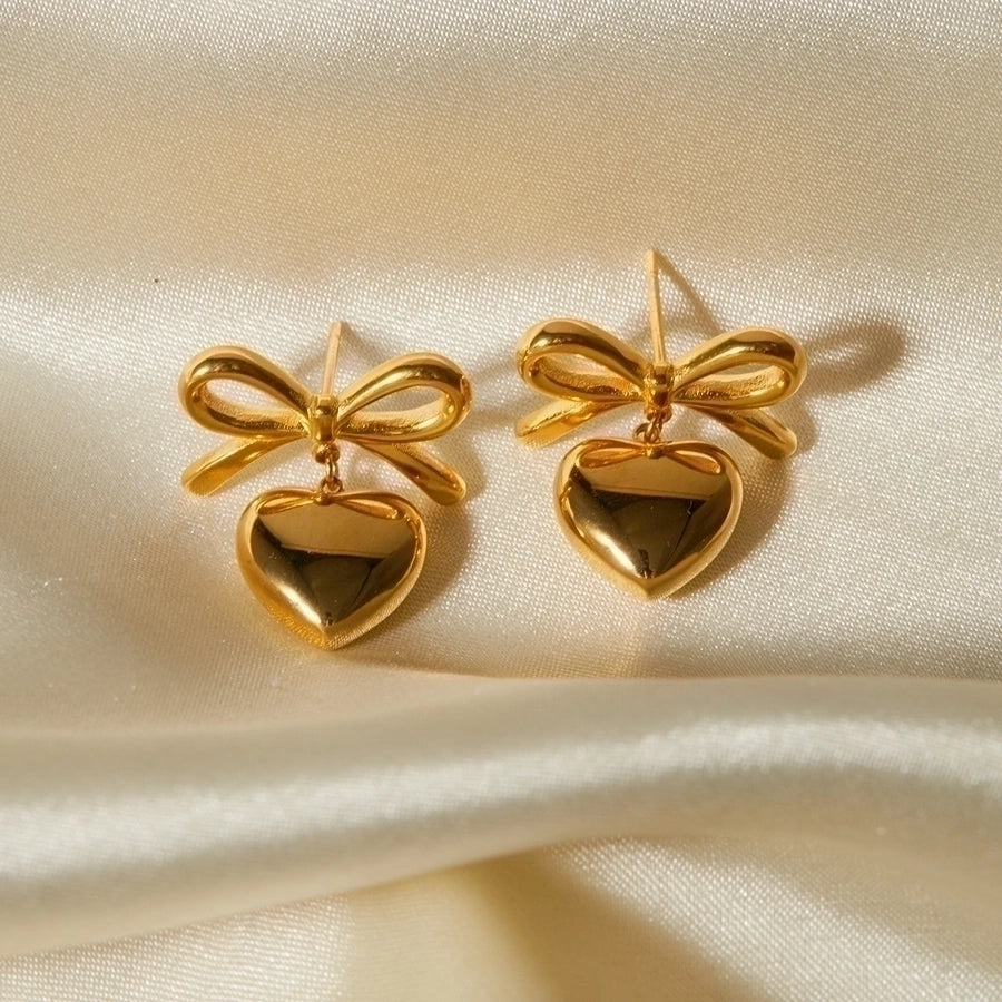 1 Pair Simple Style Heart Shape Bow Knot Plating 304 Stainless Steel 18K Gold Plated Drop Earrings