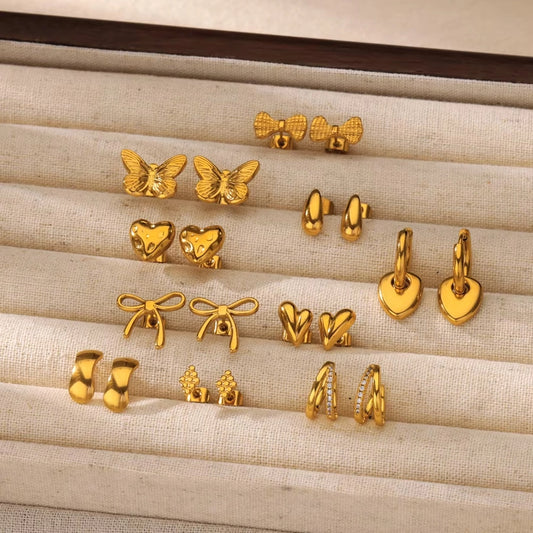 1 Pair IG Style Heart Shape Butterfly Bow Knot Plating 304 Stainless Steel 18K Gold Plated Ear Studs