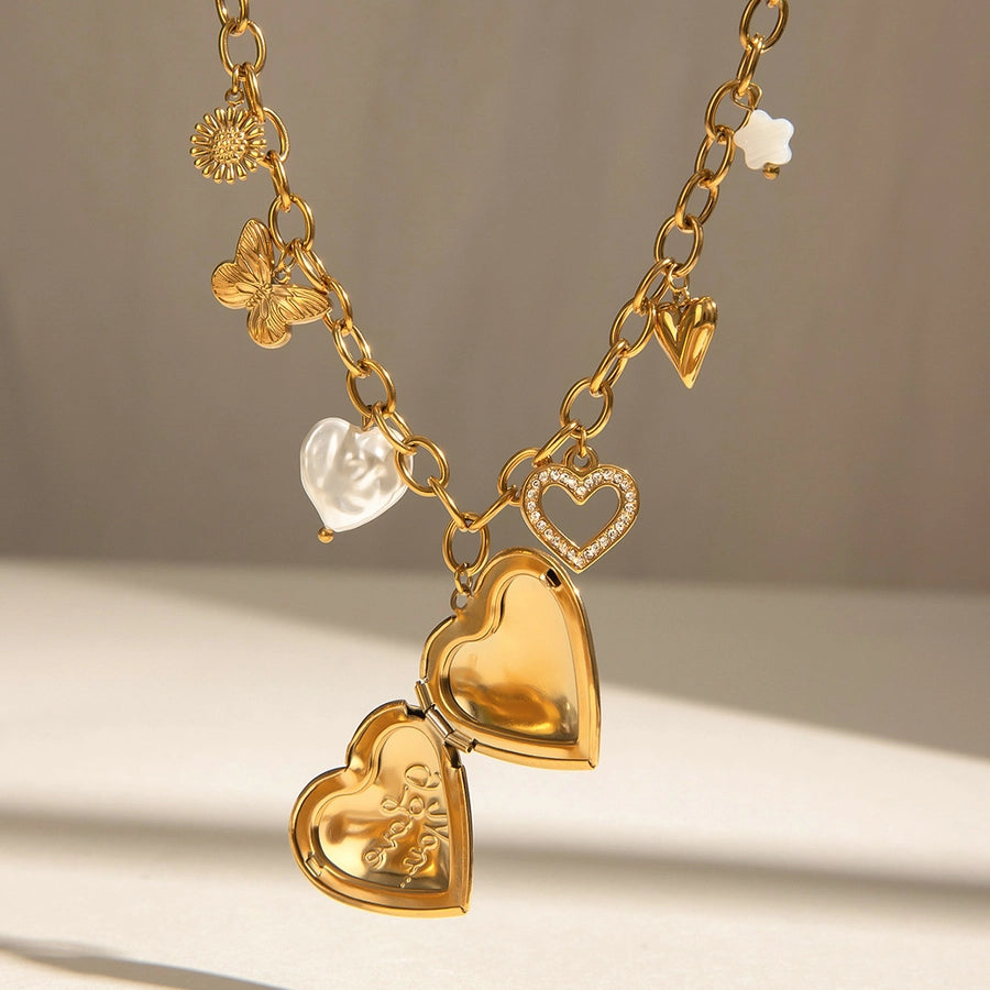 Jewelry Simple Style Classic Style Heart Shape Flower Butterfly 304 Stainless Steel Zircon Pearl Hollow Out Inlay Multi Charms Necklace