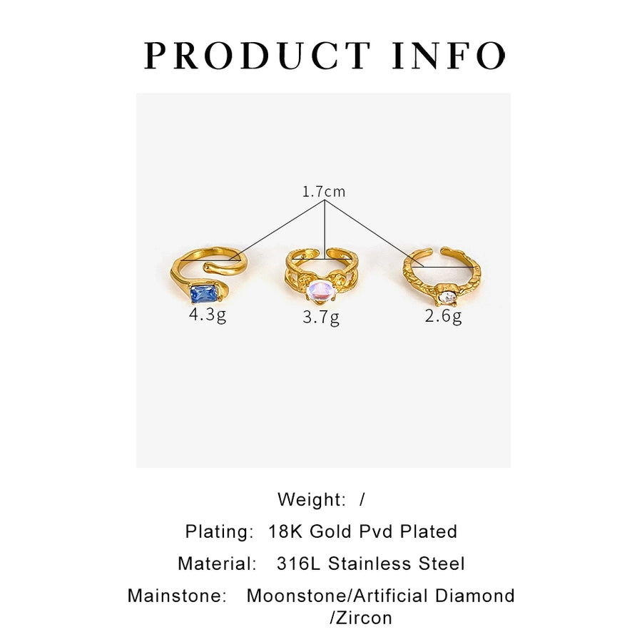 Jewelry Retro Geometric 316L Stainless Steel  Rhinestones Zircon 18K Gold Plated Irregular Open Rings