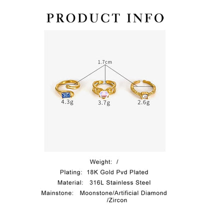 Jewelry Retro Geometric 316L Stainless Steel  Rhinestones Zircon 18K Gold Plated Irregular Open Rings