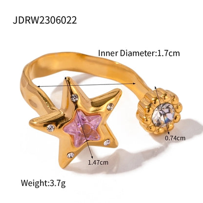 Jewelry IG Style Grid Flower 304 Stainless Steel Zircon Asymmetrical Plating Inlay Open Rings