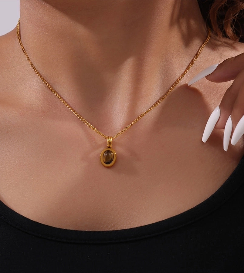 Retro Simple Style Round 304 Stainless Steel natural stone Tiger Eye 18K Gold Plated Tiger Eye Pendant Necklace Necklace In Bulk