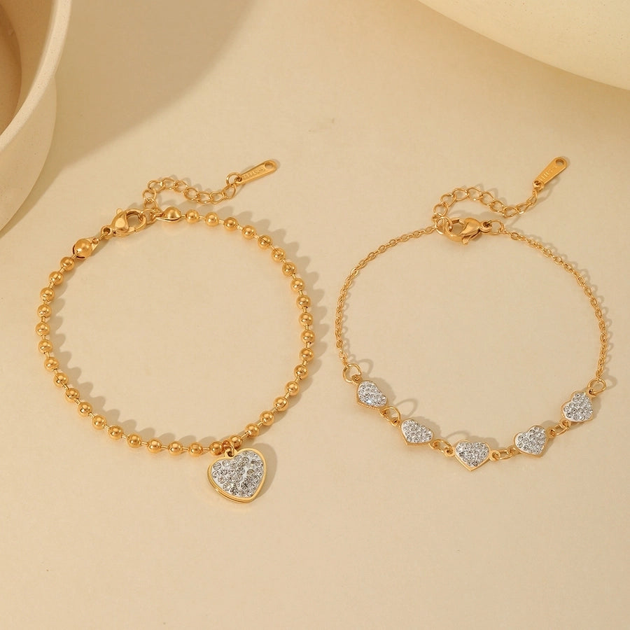 Elegant Cute Heart Shape 316 Stainless Steel  18K Gold Plated Zircon ball chain cable chain Bracelets In Bulk