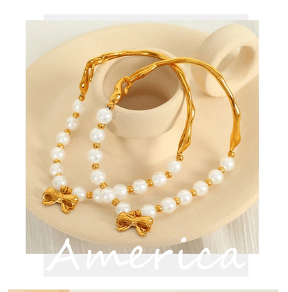 Elegant Baroque Style IG Style Bow Knot 18K Gold Plated 304 Stainless Steel Imitation Pearl  Bracelets