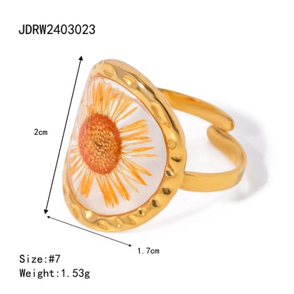 Jewelry Sweet Artistic Four Leaf Clover Oval Flower 304 Stainless Steel 18K Gold Plated Rings