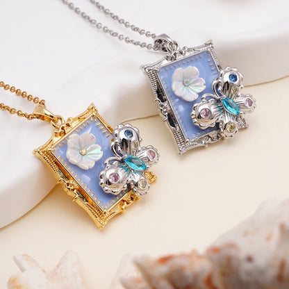 Jewelry IG Style Glam Flower Butterfly Rectangle 304 Stainless Steel Copper Zircon Inlay Pendant Necklace