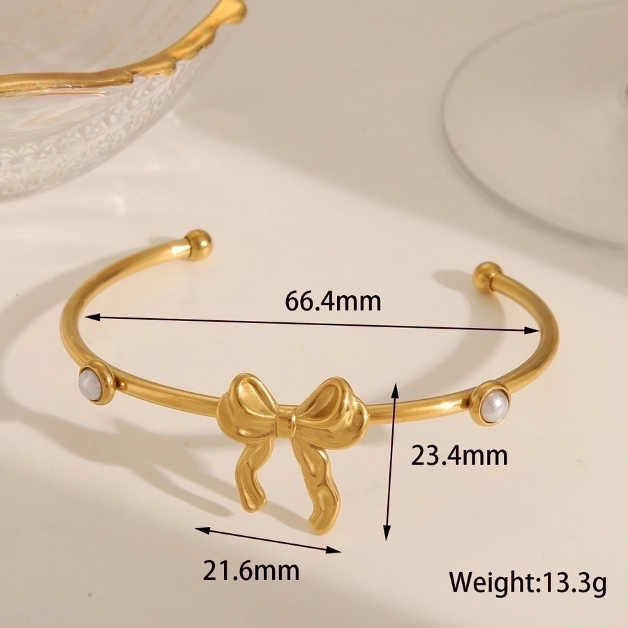 Basic Commute Flower Bow Knot 304 Stainless Steel 18K Gold Plated Artificial Pearls Stainless Steel Bracelets In Bulk