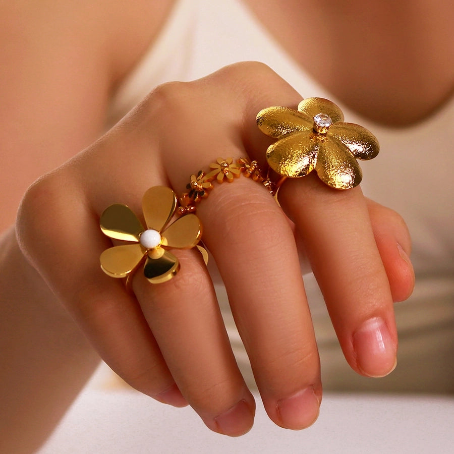 Jewelry Vintage Style Modern Style Simple Style Flower 304 Stainless Steel Artificial Pearls Rhinestones 18K Gold Plated Plating Inlay Open Rings