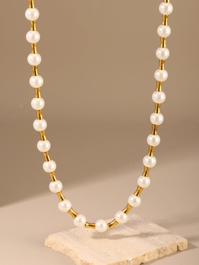 Baroque Style Shiny Geometric 304 Stainless Steel Imitation Pearl Tiger Eye Beaded Chain Necklace In Bulk