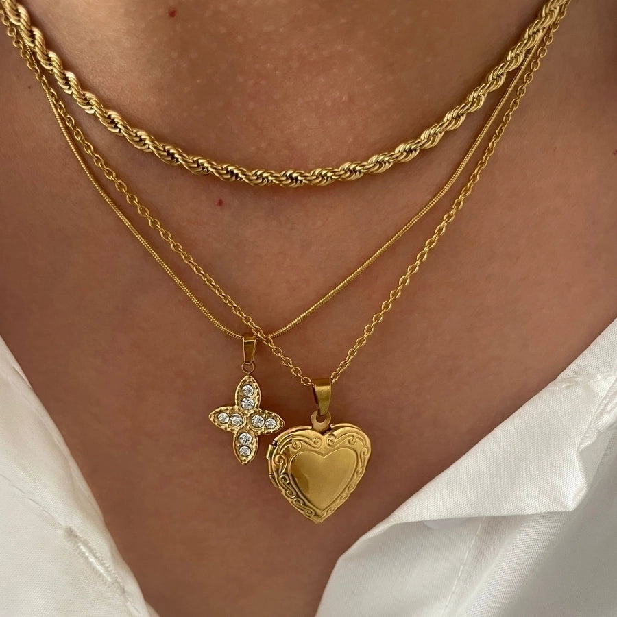 Jewelry Luxurious Simple Style Heart Shape 316L Stainless Steel  Rhinestones 18K Gold Plated Plating Inlay Pendant Necklace