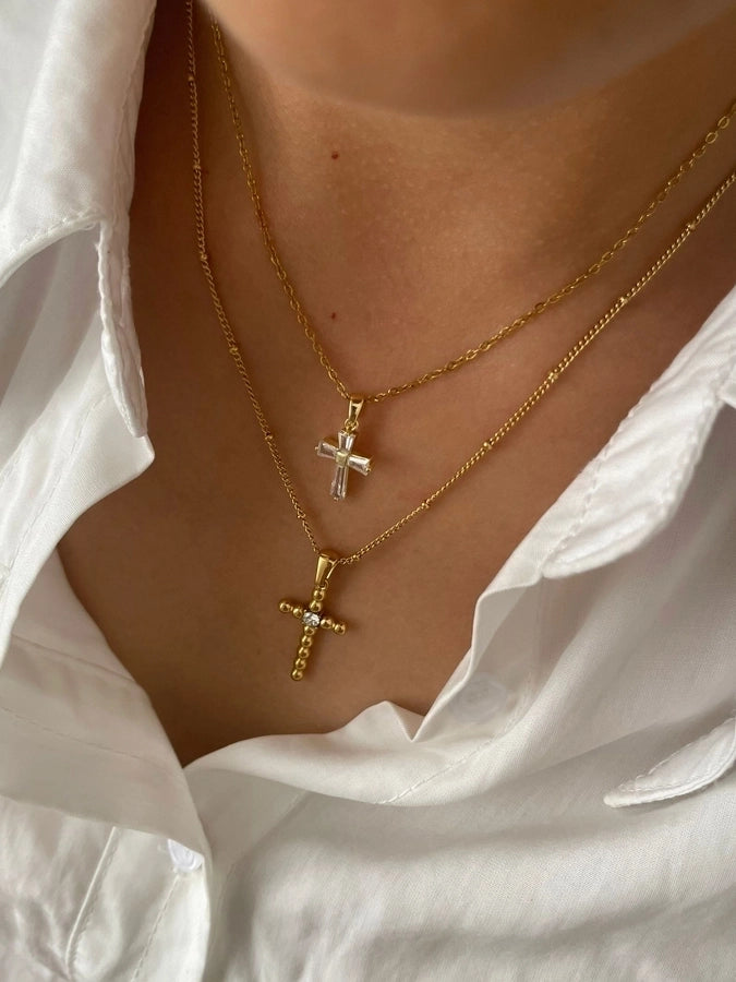 316L Stainless Steel  14K Gold Plated 18K Gold Plated Inlay Cross Rhinestones Zircon Pendant Necklace