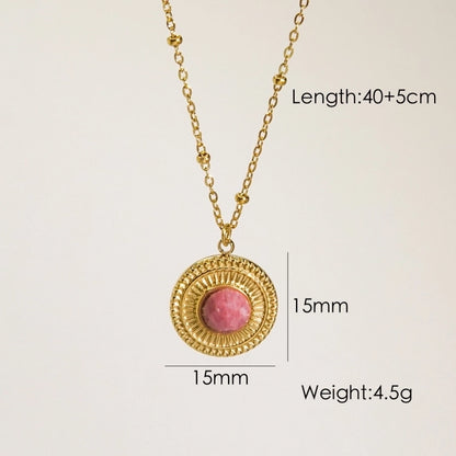 Jewelry Retro Geometric 304 Stainless Steel Titanium Steel Rhodochrosite Hollow Out Inlay Pendant Necklace