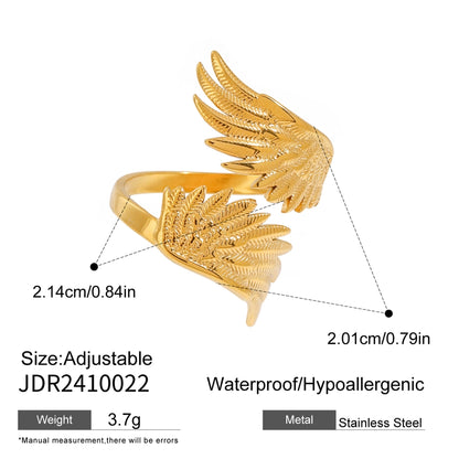 18K Gold Stainless Steel  Angel Wings Ring  Sold Jewelry Niche Retro Creative Peace Dove Feather Adjustable Opening Ring