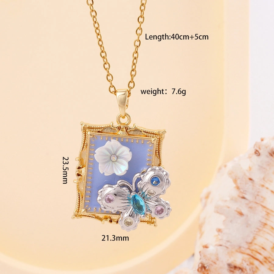 Jewelry IG Style Glam Flower Butterfly Rectangle 304 Stainless Steel Copper Zircon Inlay Pendant Necklace