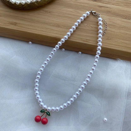 1 piece cute cherry artificial crystal pearl beaded women's pendant necklace