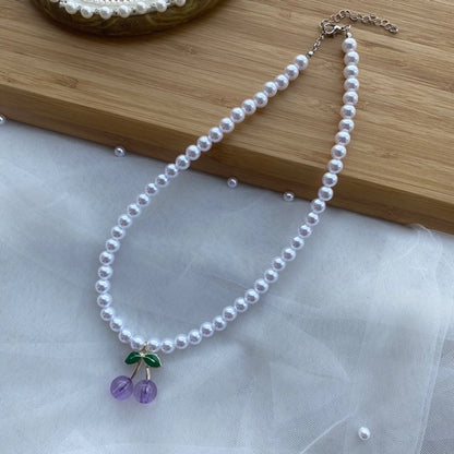 1 piece cute cherry artificial crystal pearl beaded women's pendant necklace