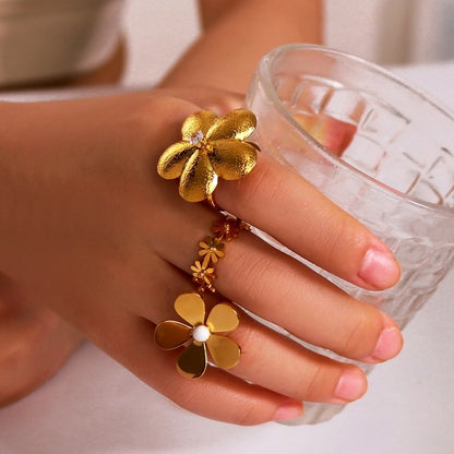 Jewelry Vintage Style Modern Style Simple Style Flower 304 Stainless Steel Artificial Pearls Rhinestones 18K Gold Plated Plating Inlay Open Rings