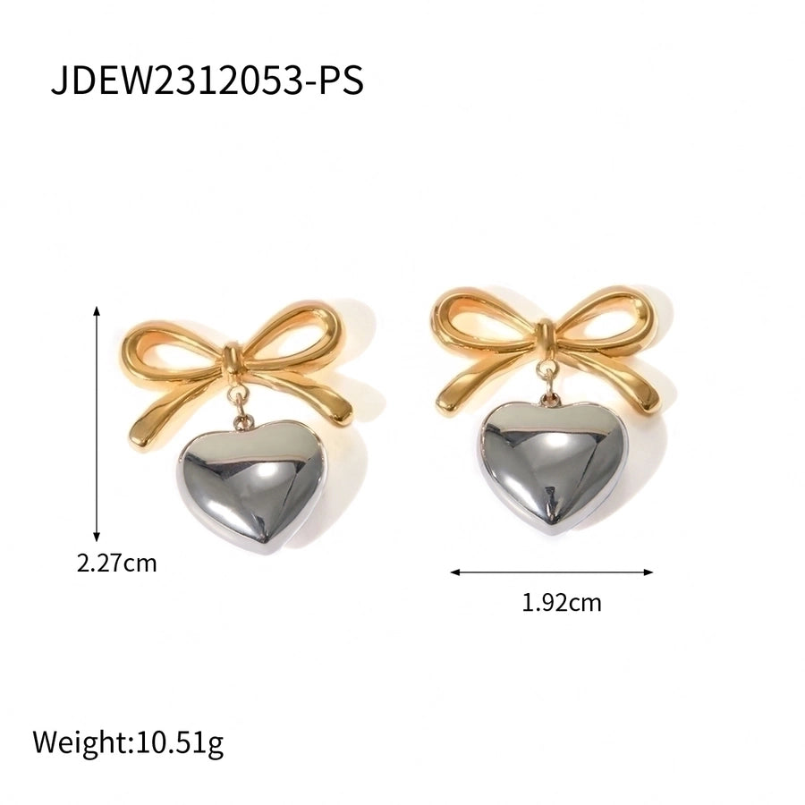 1 Pair Simple Style Heart Shape Bow Knot Plating 304 Stainless Steel 18K Gold Plated Drop Earrings