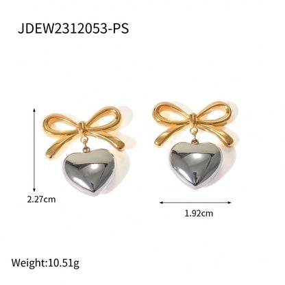 1 Pair Simple Style Heart Shape Bow Knot Plating 304 Stainless Steel 18K Gold Plated Drop Earrings