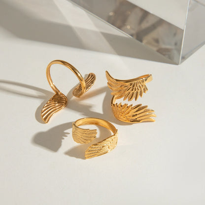 18K Gold Stainless Steel  Angel Wings Ring  Sold Jewelry Niche Retro Creative Peace Dove Feather Adjustable Opening Ring