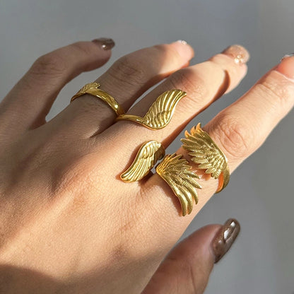 18K Gold Stainless Steel  Angel Wings Ring  Sold Jewelry Niche Retro Creative Peace Dove Feather Adjustable Opening Ring