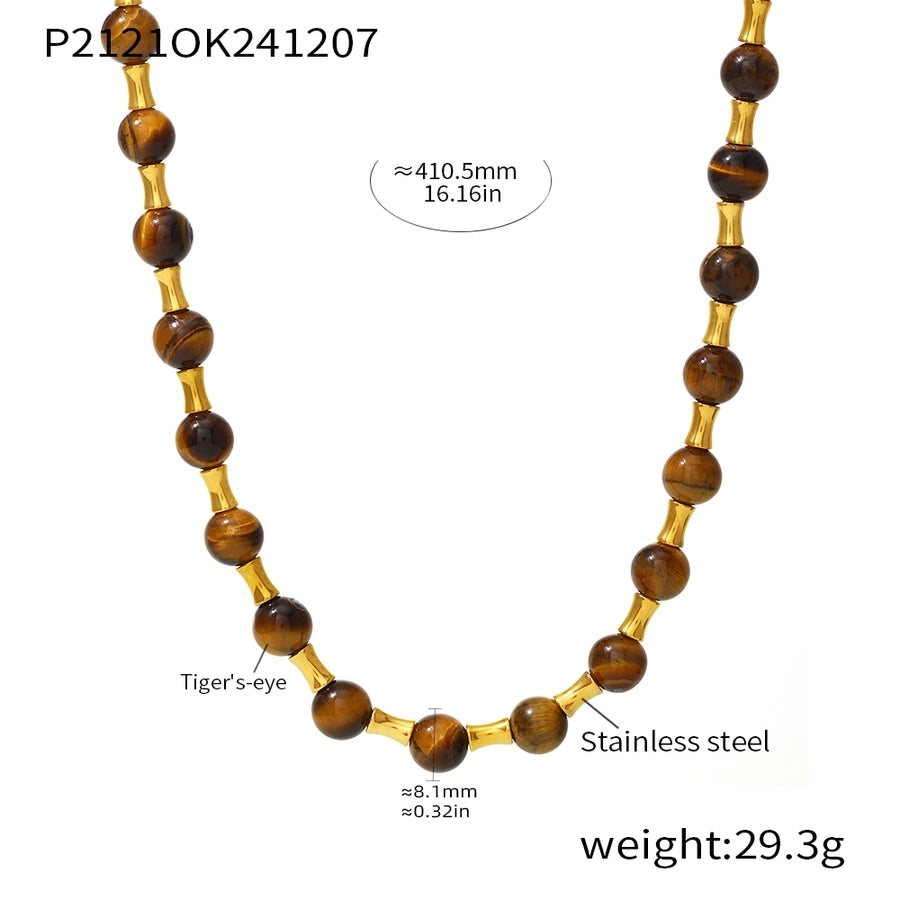 Baroque Style Shiny Geometric 304 Stainless Steel Imitation Pearl Tiger Eye Beaded Chain Necklace In Bulk