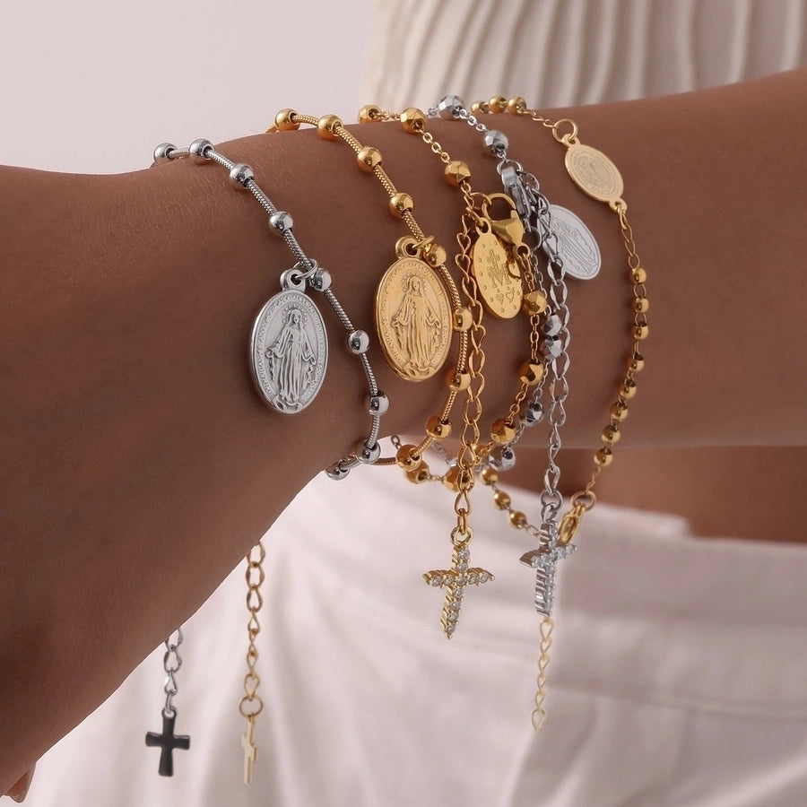 Vintage Style Classic Style Cross Virgin Mary 304 Stainless Steel 18K Gold Plated cable chain Bracelets In Bulk Stainless Steel Bracelets