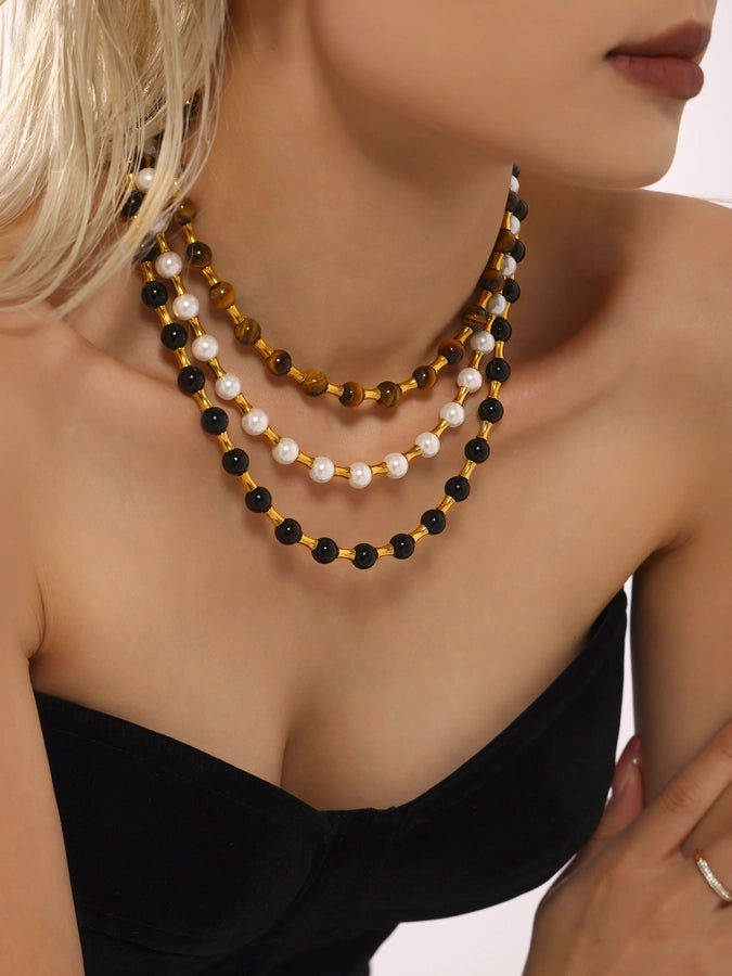 Baroque Style Shiny Geometric 304 Stainless Steel Imitation Pearl Tiger Eye Beaded Chain Necklace In Bulk